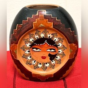 Small Hand Painted Ceramic Oval Vase Woman's Face Signed Nahid Karimi 4.5 in